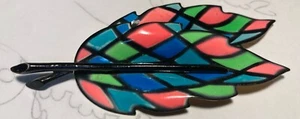 Signed COROCRAFT Multicolored Stain glass Look Leaves 3.41" Brooch pink blue gre - Picture 1 of 13