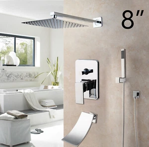 8 Inch Shower Faucet Set Chrome Square Rain Shower Heads Waterfall Tub Mixer Tap - Picture 1 of 12