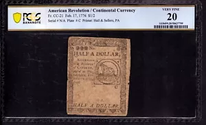 CONTINENTAL COLONIAL CURRENCY FEB 17 1776 $1/2 CC-21 FUGIO NOTE PCGS B VF 20 - Picture 1 of 4