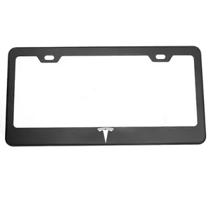 For TESLA License Plate Frame Matte Black W/ Chrome Logo Engraved Cap Stainless - Foto 1 di 12