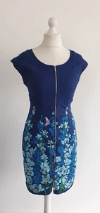 Karen Millen Kleid UK 12 blau Blumen Schmetterling Frontreißverschluss Etuikleid Stretch Sommer - Bild 1 von 12