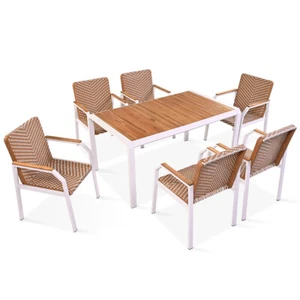 7 Piece Patio Dining Table Set, Outdoor Wicker Furniture Set of 6 Chairs, Brown - Picture 1 of 15