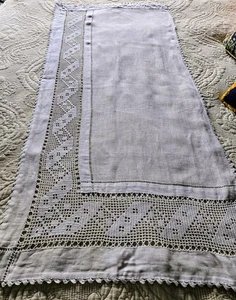 2 ANTIQUE gauzy LACE FILET crochet net CURTAIN PANELS off white vtg 20”x 44” - Picture 1 of 9