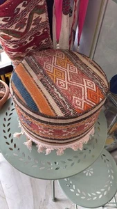 Ottoman Vintage Coffee Stool With Vintage Tribal Kilim Rug Design - 35cm x 35cm - Picture 1 of 4