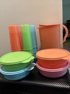 Vintage Tupperware lot ORANGE PITCHER, 12 TALL TUMBLERS 16 OZ,4 BOWLS WITH LIDS - Picture 1 of 6