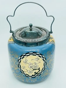 VTG Unique Blue Yellow Floral Checker Biscuit Cookie Barrel Jar Burslem England - Picture 1 of 24