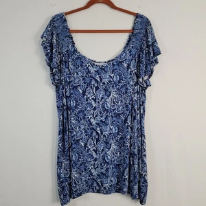 Torrid 3 Super Soft Slub Smocked Flutter Sleeve Top sz 3X blue floral jersey - Picture 1 of 8