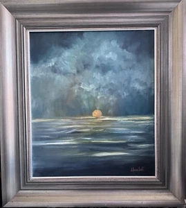H van Lint huge Dutch oil painting on canvas Seascape sunset framed signed - Picture 1 of 11