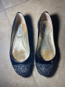 JIMMY CHOO London Whirl Black GLITTER CAP TOE BALLERINA FLATS Sz 37 - Picture 1 of 6