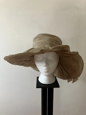 VTG 60s Cathay of California Womens Taupe Tan Organza Wide Brim Bow Hat - Image 1 of 4