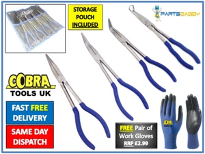 4 x Heavy Duty 11" Extra Long Reach Nose Pliers Set Straight Bent Hose Tip 25-28 - Picture 1 of 3
