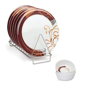 Melamine Border Printed Full Size Dinner Plates & Serving Bowl Set of 12 - Picture 1 of 5