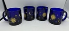 Set Of 4 Vintage 90s Libbey Cobalt Blue Glass Mugs Celestial Sun And Moon USA