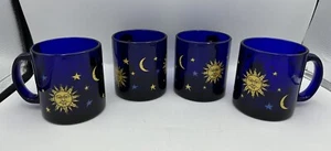 Set Of 4 Vintage 90s Libbey Cobalt Blue Glass Mugs Celestial Sun And Moon USA - Picture 1 of 4