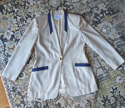 Blazer De Colección Oleg Cassini Beige Neutro Azul Marino Pecho De Gran Tamaño Talla 8 Foto 1 de 4