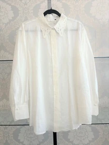 CHLOE White Sheer Linen Button Down/Blouse w/Embroidered Trim Sz 10 $1295 NWT - Picture 1 of 12