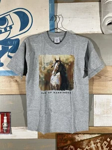 Vintage 90s t shirt Sun of Happiness Horse Artwork Art Painting sz M Gray - Picture 1 of 8