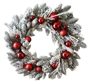 Pottery Barn Lit Faux Frosted Pine & Ornaments Wreath Christmas 28" Red - Picture 1 of 9