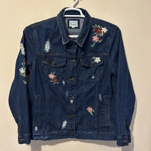 Wachs Jeans Jeansjacke Damen Large Blau 90’s Bestickt Trucker Freizeit Blumen - Bild 1 von 15