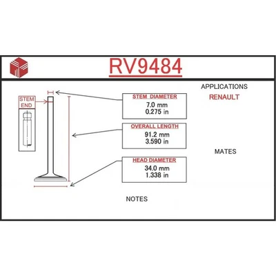 Впускной клапан двигателя компоненты ITM RV9484 для 80-83 Renault LeCar - Изображение 1 из 4