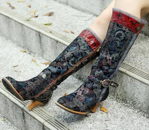 Womens manual Floral Splicing Palace style printing zipper Knee-High Boots shoes - Picture 1 of 10