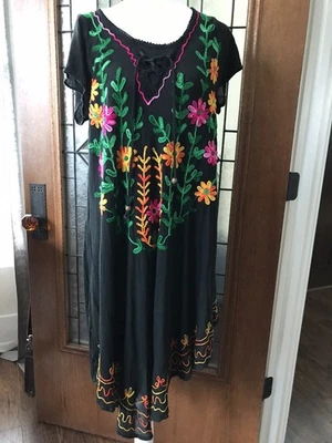 Riviera Sun XL Sundress Black Beach Coverup Boho Embroidered Pink Orange Floral - Image 1 of 4
