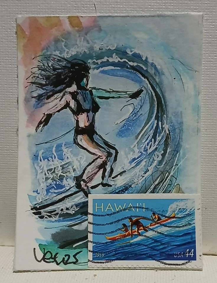 Collage de acuarela ACEO OOAK Wave Rider Postal Whimsy Minis™ Hawaii Surf Series Foto 1 de 1