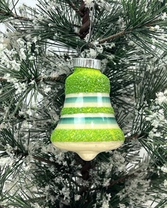 Vintage Shiny Brite Mini Grün Blau Glimmer Glocke Atom Glas Weihnachtsschmuck - Bild 1 von 7