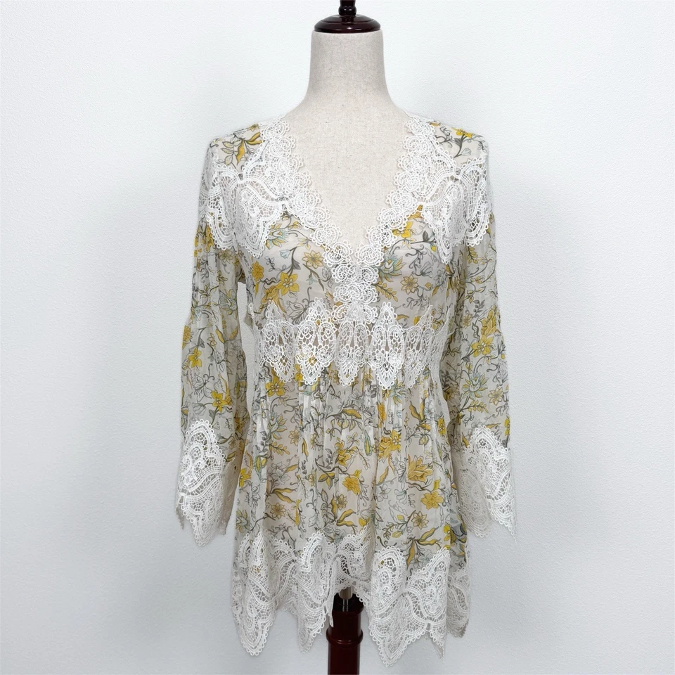 POL Top Womens S Yellow Floral Sheer Lace Bohemian Fairy Feminine Ethereal Flowy - Image 1 of 4