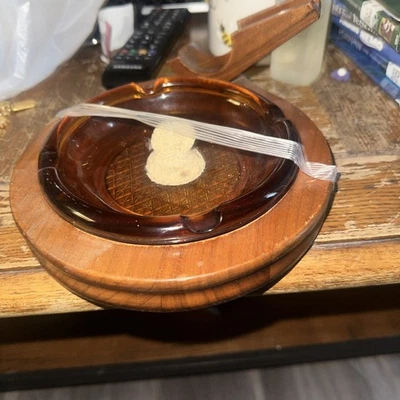 Cenicero de vidrio ámbar vintage Decatur Industries ~ reposapiés Foto 1 de 4