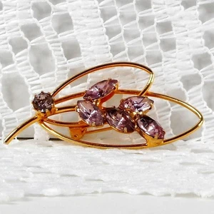 Vintage Gold Tone Leaf Brooch Pin with Purple Rhinestones 1960s Gift for Her - Picture 1 of 8