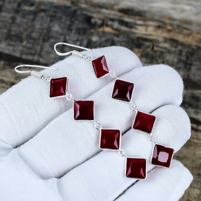 Red Ruby Lab-Created Gemstone 925 Sterling Silver Handmade Jewelry Earrings Gift - Image 1 of 4