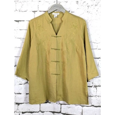 Camisa JILLIAN JONES 100% Lino Floral Bordada Cierre Rana Boho Talla 1X Nueva sin Etiquetas Foto 1 de 4