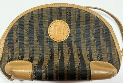 FENDI Brown Tan Pequin Stripe Oval Crossbody Bag Logo - Image 1 of 4