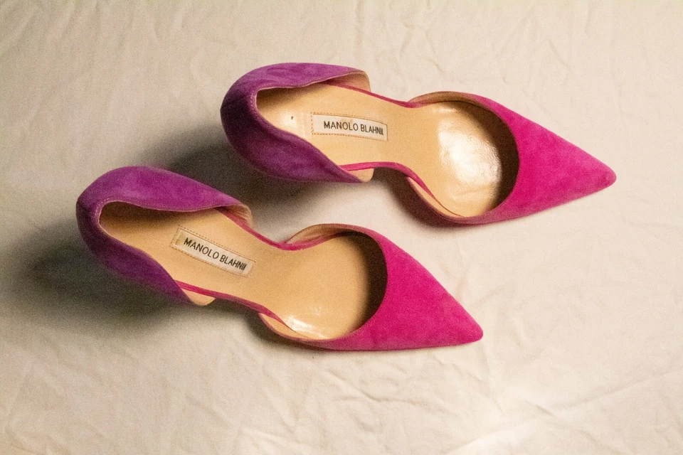 Zapatos de salón Manolo Blahnik Tayler de gamuza bicolor rosa púrpura D'orsay 42 W2 Foto 1 de 4