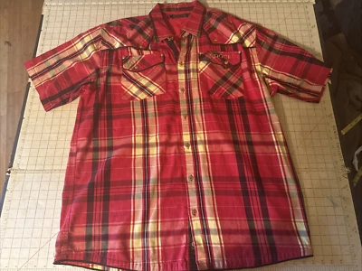 Camisa Coogie Para Hombres XXLRed Cuadros Cuello Botón Manga Corta Negro Tubería Dorado A Presión Foto 1 de 4