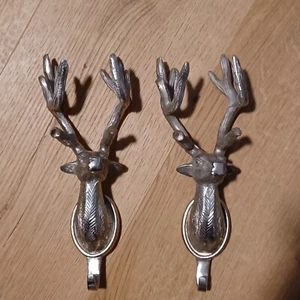 VTG Deer Reindeer Buck Stag Silver tone Wall Mounted 11" Coat Hat Hooks Hanger - Picture 1 of 12