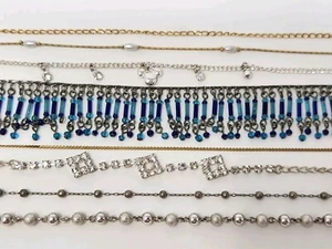 Lot of 8 Anklets Fashion Mixed Materials Gold & Silver Tones Rhienstones Fringe - Picture 1 of 9