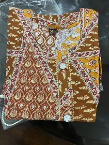 Indian Ethnic Yellow Brown Cotton Blend Frock Type Kurti Tunic - Picture 1 of 2