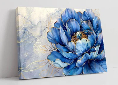 BLUE PEONY FLOWER WITH GOLD GLITTERS -DEEP FRAMED CANVAS WALL ART PICTURE PRINT - Image 1 of 2