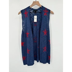 Lane Bryant Open Front Cardigan Vest Womens 14/16 Navy Red Star Novelty - Picture 1 of 7