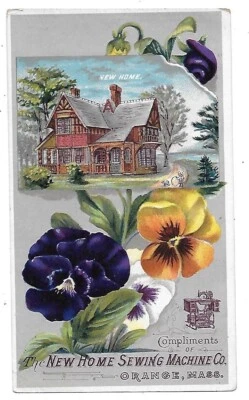 ORANGE, MASS. NEW HOME SEWING MACHINE PANSIES HOUSE VICTORIAN TRADE CARD - Image 1 of 2