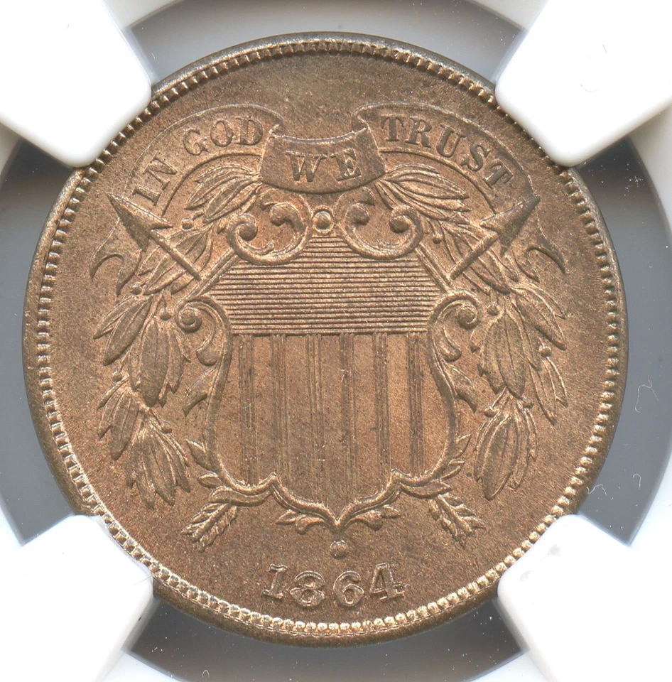 1864 Large Motto Shield Two Cents, NGC MS66 RB, CAC Approved! - Image 1 of 3