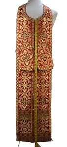 Red with Gold Stole with cuffs NonMetallic Brocade 41" 104 cm READY TO SHIP  - Picture 1 of 4