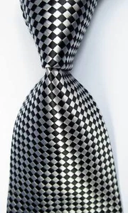 New Classic Checks Black White JACQUARD WOVEN 100% Silk Men's Tie Necktie - Picture 1 of 2