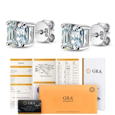 2CT D Color Asscher Cut Moissanite Solitaire Stud Earrings 925 Sterling Silver - Image 1 of 4