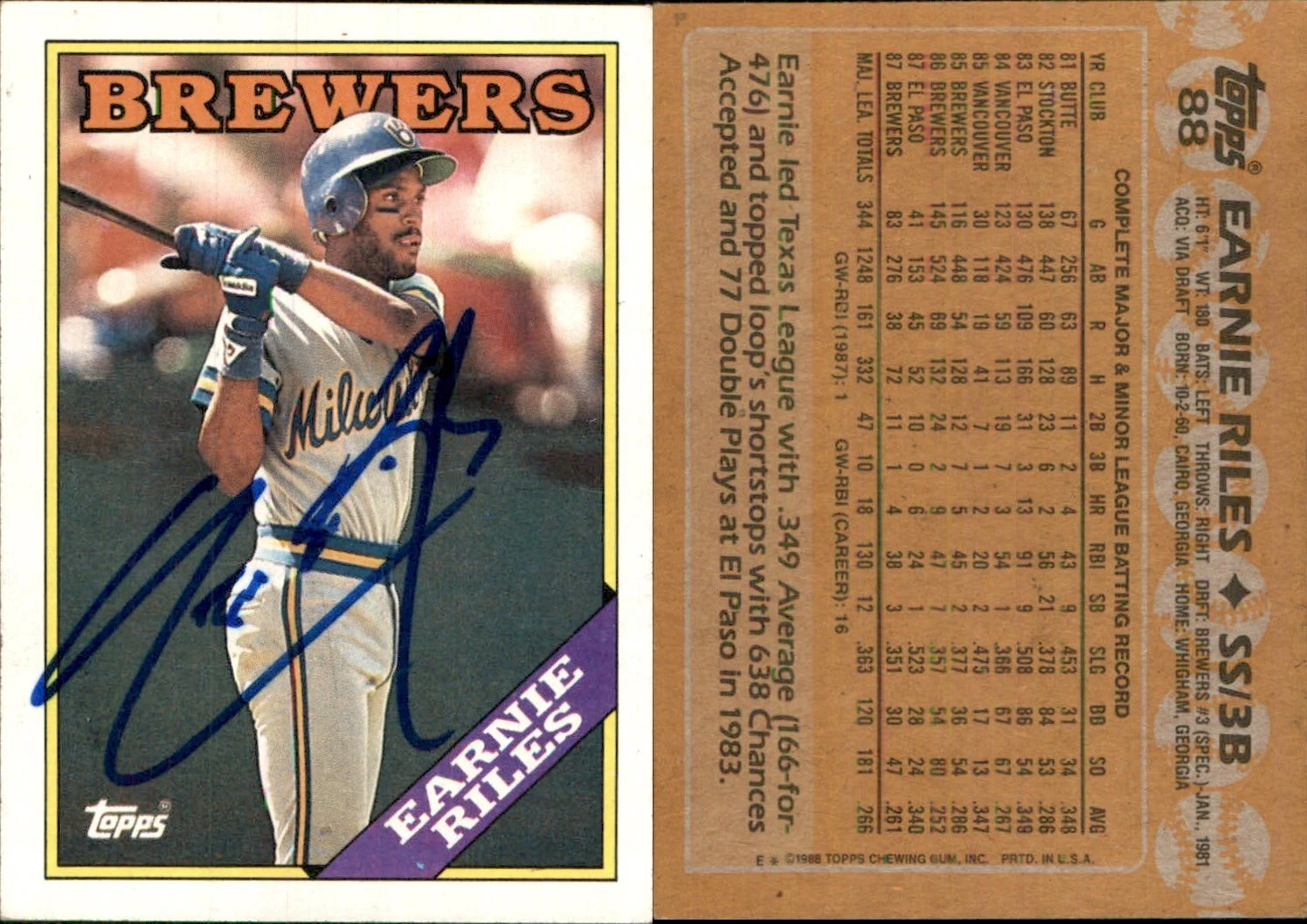 Earnie Riles Signed 1988 Topps #88 Card Milwaukee Brewers Auto AU