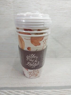 New! 4 Fall Leaves Foliage Hot Cocoa Bar Disposable Coffee Cups Lids Sleeves  - Image 1 of 4