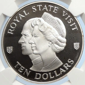 1983 JAMAICA UK Quen Elizabeth II Royal Visit SILVER 10 Dollars Coin NGC i105825 - Picture 1 of 5