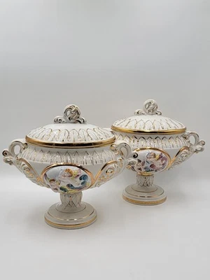 Set Of 2 Keramos Capodimonte Italy Cherub Centerpiece Vase Lidded Pedestal Bowls - Image 1 of 4